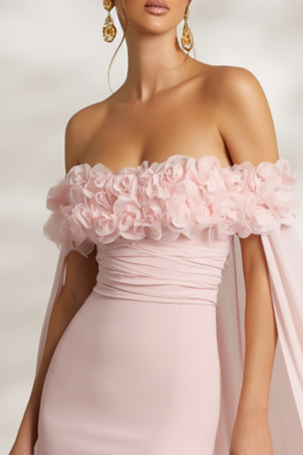 Wedding Dress Pink Off Shoulder with Floral Cape Maxi Bridal Gown