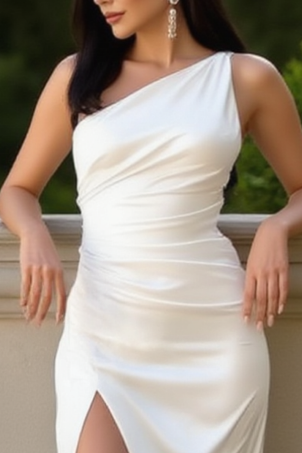 Wedding Guest Dress, Elegant White One Shoulder Sleeveless Satin Maxi Formal Dress for Women