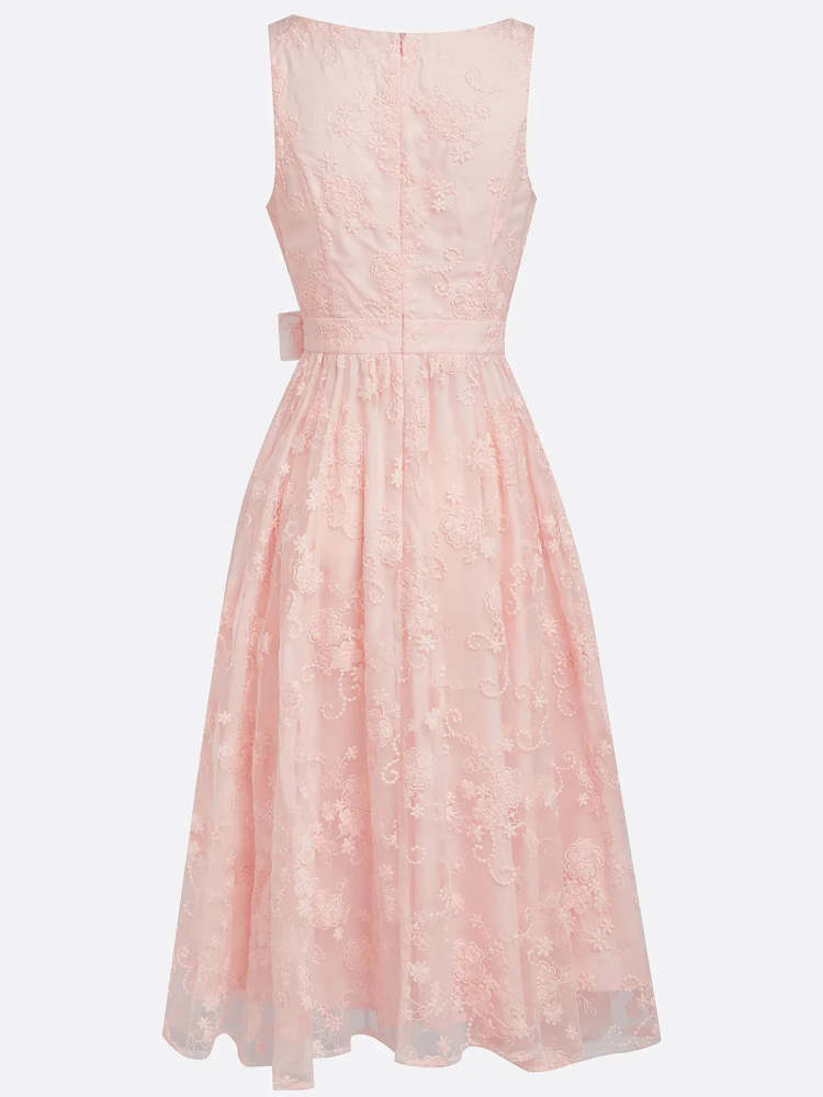 Light Pink Embroidered V Neck Sleeveless A-Line Midi Wedding Dress, Bridal Shower Engagement Rehearsal Dinner Party Bridal Gown