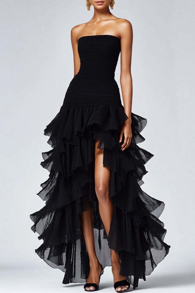 Women's Black Strapless Tulle Tiered Ruffles Formal Dress, Bridal Gown for Wedding Prom Evening Party