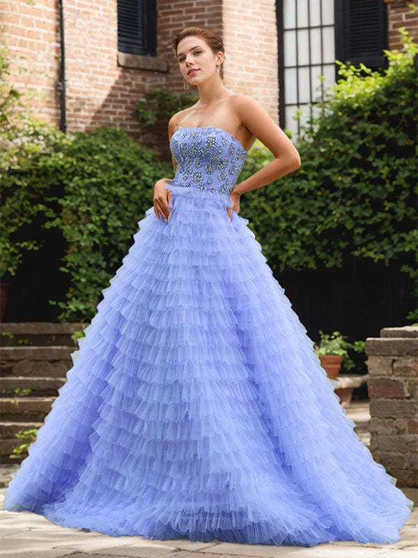 Blue A-Line Tiered Ruffled Tulle Prom Dress with Beading Rhinestones