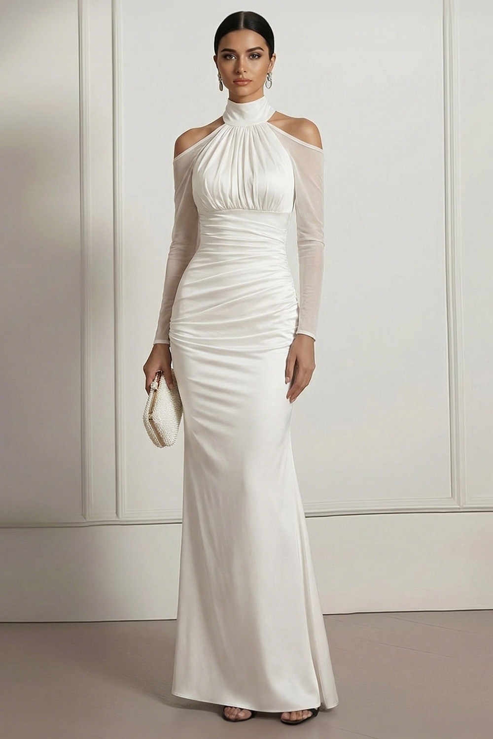 White Mermaid Cold Shoulder Ruched Chiffon Maxi Formal Evening Dress for Bridal Wedding Formal Events