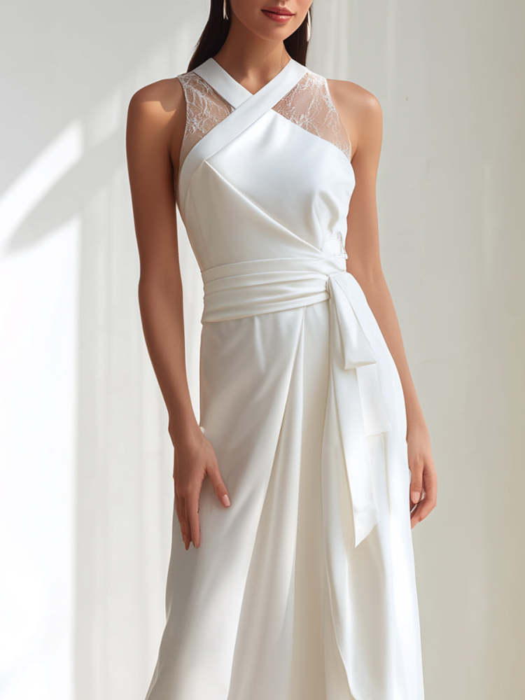 Elegant White Cross-Neck Lace Panel Wrap Maxi Wedding Dress, Floor Length Bridal Gown for Women Wedding Bridal Shower Engagement Photoshoot