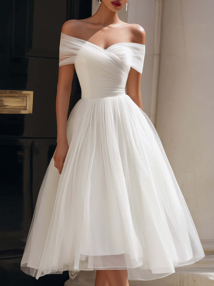 Women's White Off-Shoulder Pleated A-Line Tulle Midi Wedding Dress for Bridal Shower Engagement Photoshoot Cocktail Party Wedding Guest