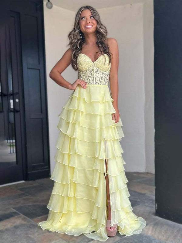 Light Blue A-Line Sweetheart Neck Long Tiered Prom Dress with Slit