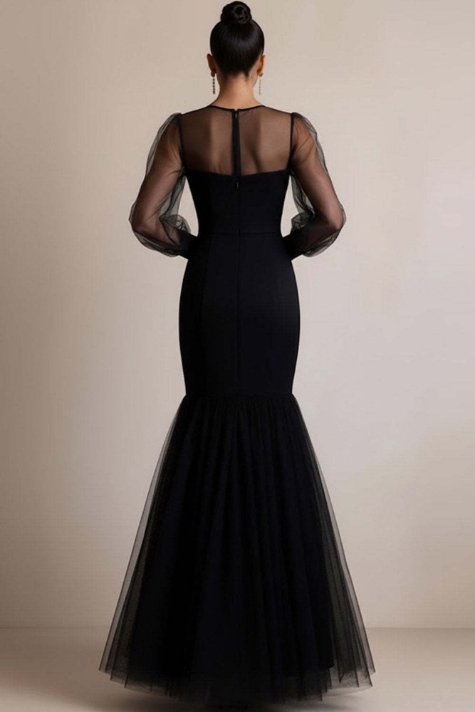 Black Mermaid Wedding Dress for Women, Illusion Neck Long Sleeves Long Tulle Formal Bridal Gown for Prom Evening Wedding Formal Occasion