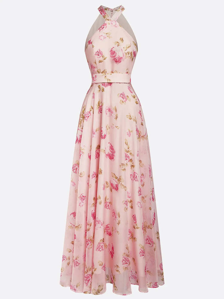 Pink Classic Floral Halter Short Sleeve A-Line Maxi Wedding Dress Bridal Gown for Bridal Shower Wedding Photoshoot Reception
