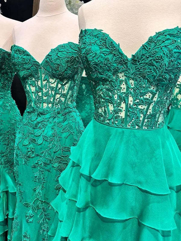 Light Blue A-Line Sweetheart Neck Long Tiered Prom Dress with Slit