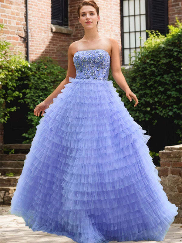 Blue A-Line Tiered Ruffled Tulle Prom Dress with Beading Rhinestones