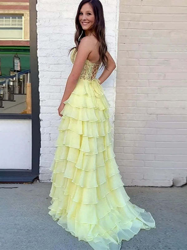Light Blue A-Line Sweetheart Neck Long Tiered Prom Dress with Slit