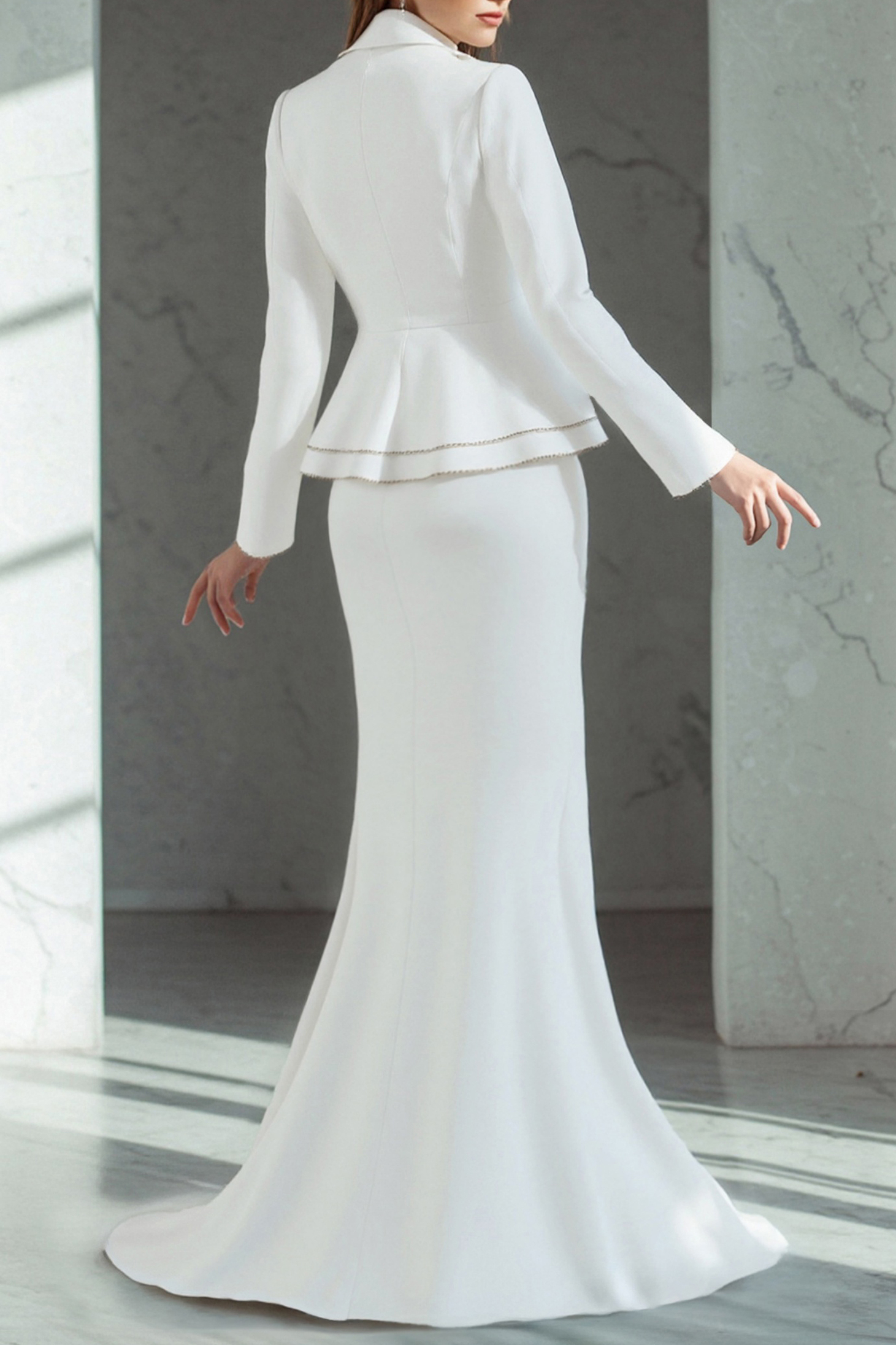 Mermaid Wedding Dress for Women, White Long Sleeve Side Slit Business Two Piece Bridal Skirt Set Formal Bridal Gown