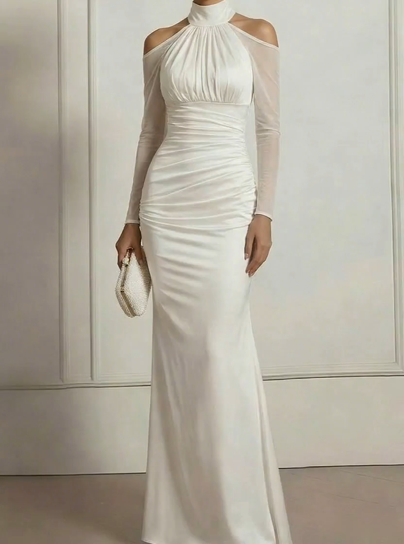 White Mermaid Cold Shoulder Ruched Chiffon Maxi Formal Evening Dress for Bridal Wedding Formal Events