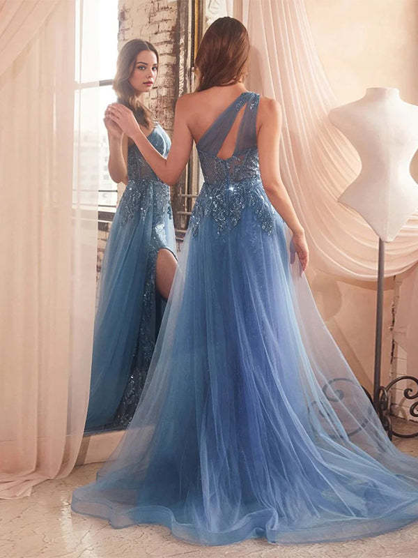 Blue A Line One Shoulder Long Slit Corset Prom Dress