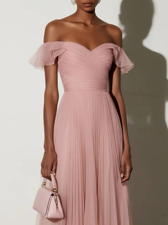 Pink Off The Shoulder Short Sleeve A-Line Wedding Dress - Ruffled Pleated Tulle Bridal Formal Gown