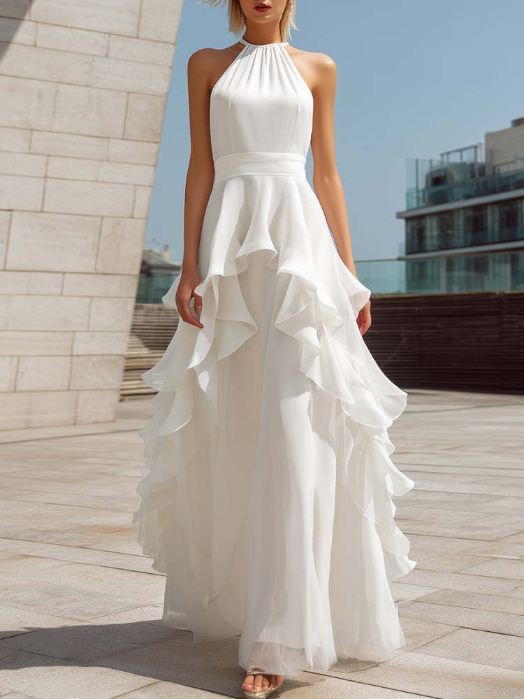 Women's White Halter Layered Ruffle Flowy Maxi Wedding Dress Elegant Bridal Gown for Beach Wedding Elopement Engagement Photoshoot