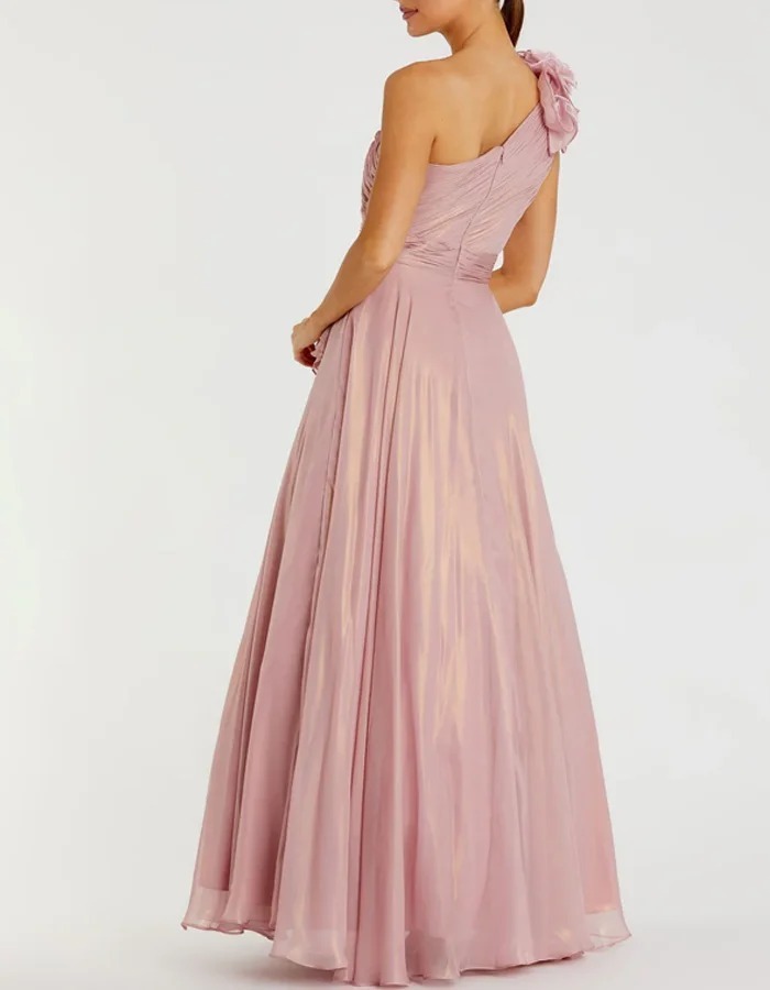 Pink 3D Floral One-Shoulder Ruched Chiffon Maxi Wedding Dress for Women, Long Flowy Bridal Gown for Beach Wedding Engagement Photoshoot Bridal Shower