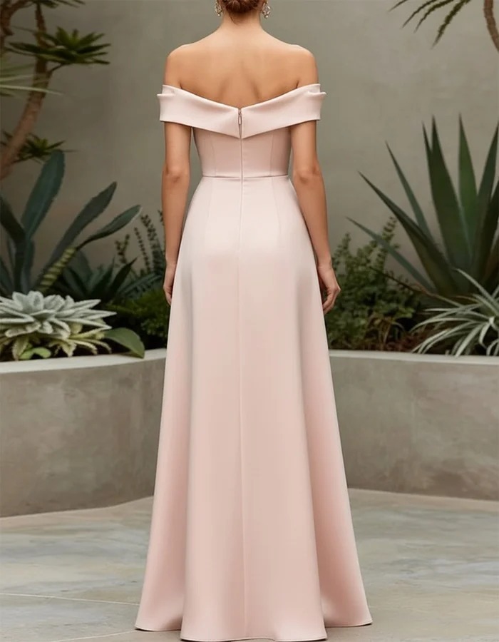 Elegant Pink Off-the-Shoulder Pleated Satin Maxi Wedding Dress, Flowy Bridal Gown for Engagement Bridal Shower Photoshoot Prom Formal Event