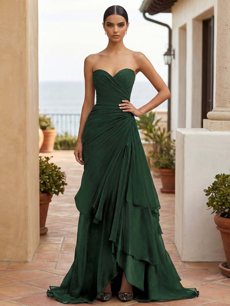 Dreamylily Women's Green Sweetheart Neck A-Line Tiered Maxi Formal Wedding Evening Dress