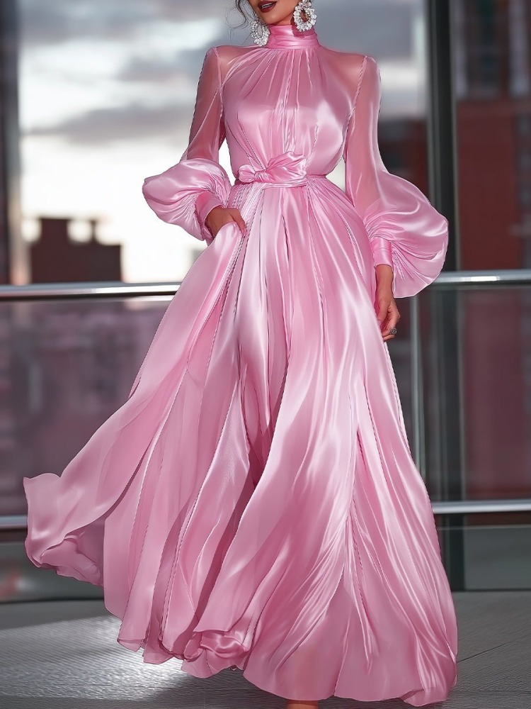Women's Elegant Luxury Pink High-Neck Satin Maxi Wedding Dress for Bridal Shower Engagement Party Civil Wedding