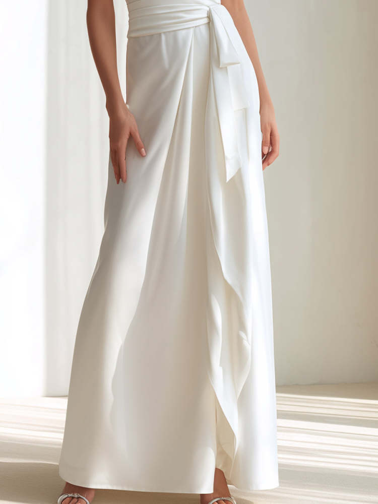 Elegant White Cross-Neck Lace Panel Wrap Maxi Wedding Dress, Floor Length Bridal Gown for Women Wedding Bridal Shower Engagement Photoshoot