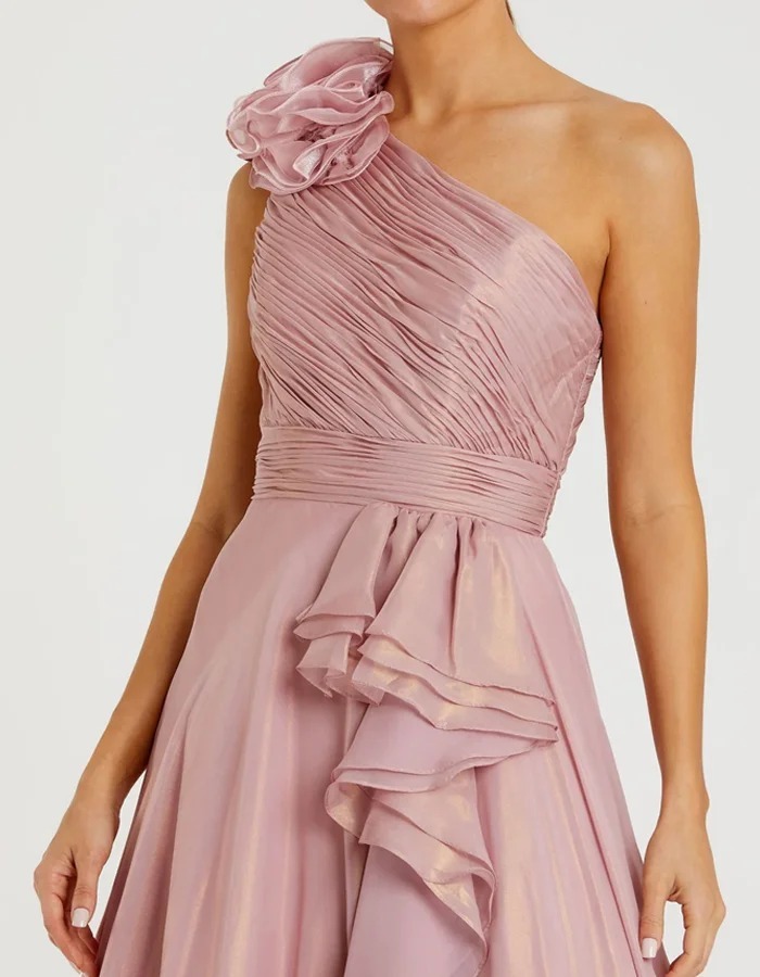 Pink 3D Floral One-Shoulder Ruched Chiffon Maxi Wedding Dress for Women, Long Flowy Bridal Gown for Beach Wedding Engagement Photoshoot Bridal Shower