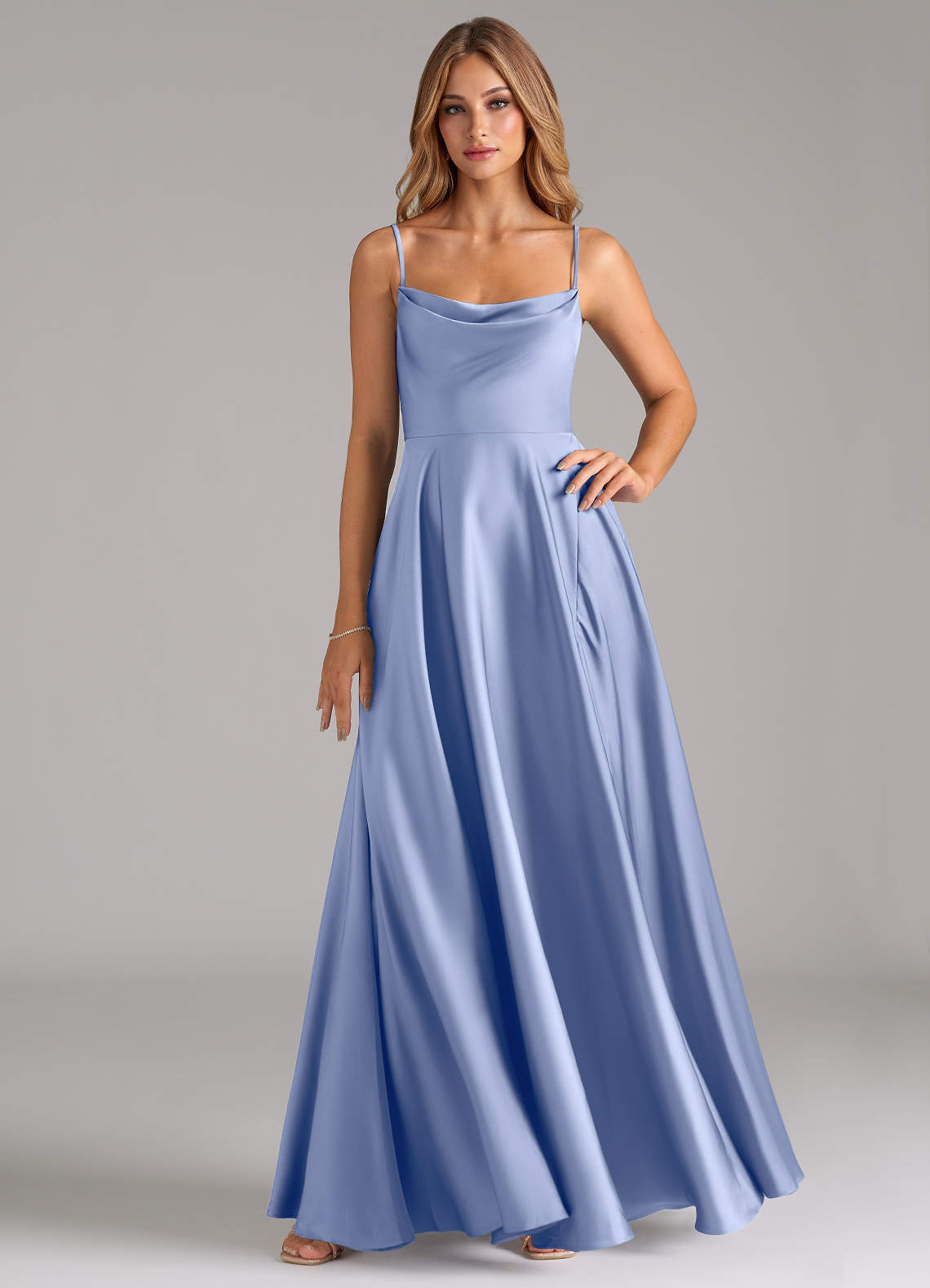 elyessen Elle Sky Blue A-Line Pleated Stretch Satin Dress 2