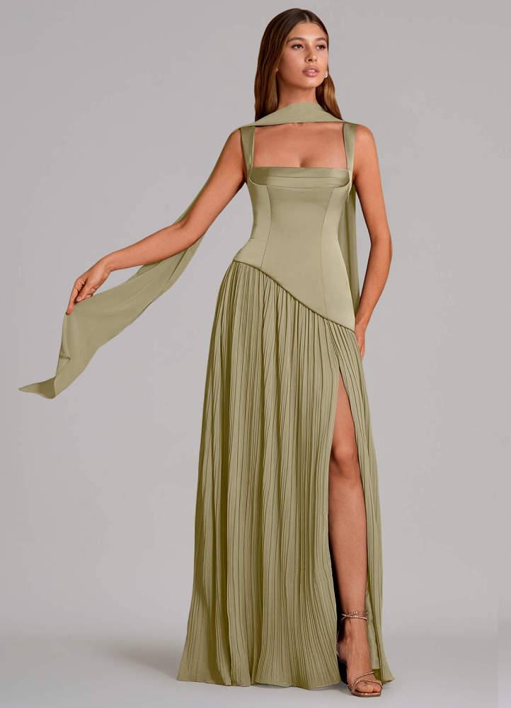elyessen Stephanie Black A-Line Pleated Stretch Satin Dress 1