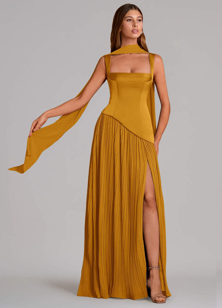 elyessen Stephanie Black A-Line Pleated Stretch Satin Dress 6