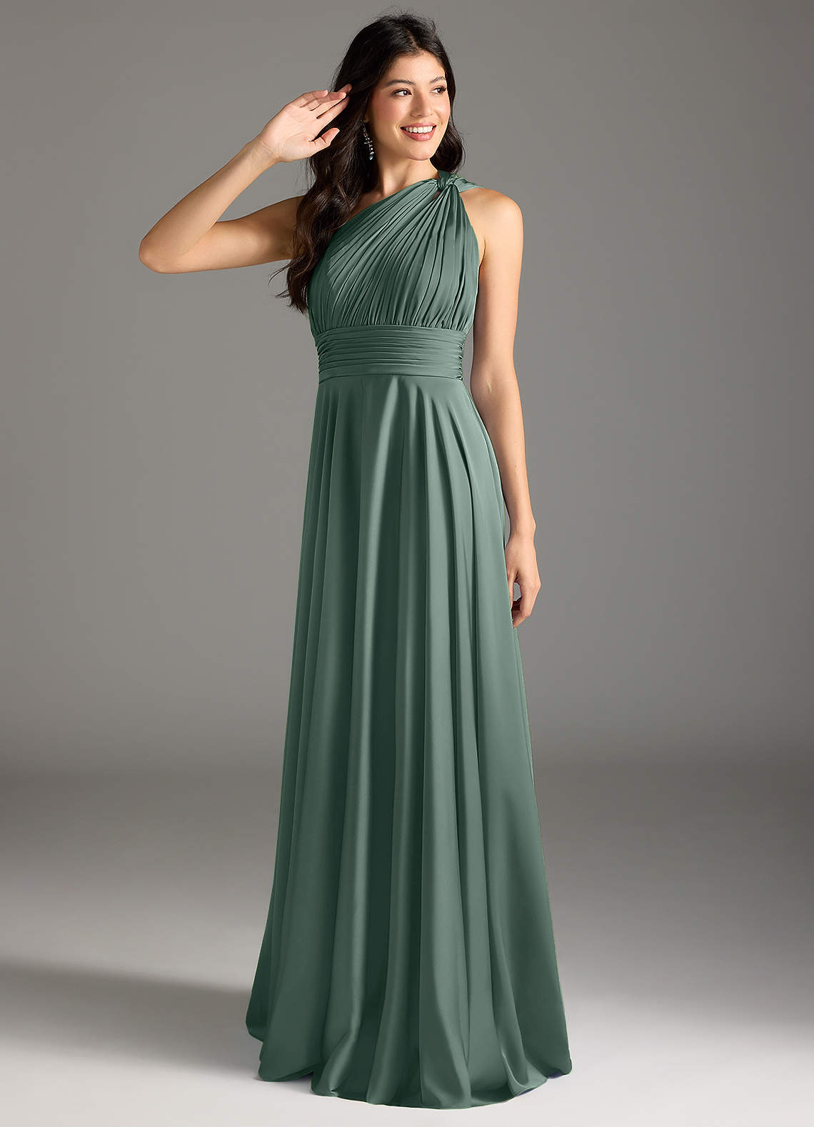 elyessen Charlize Dusty Sage A-Line One Shoulder Stretch Satin Dress 1