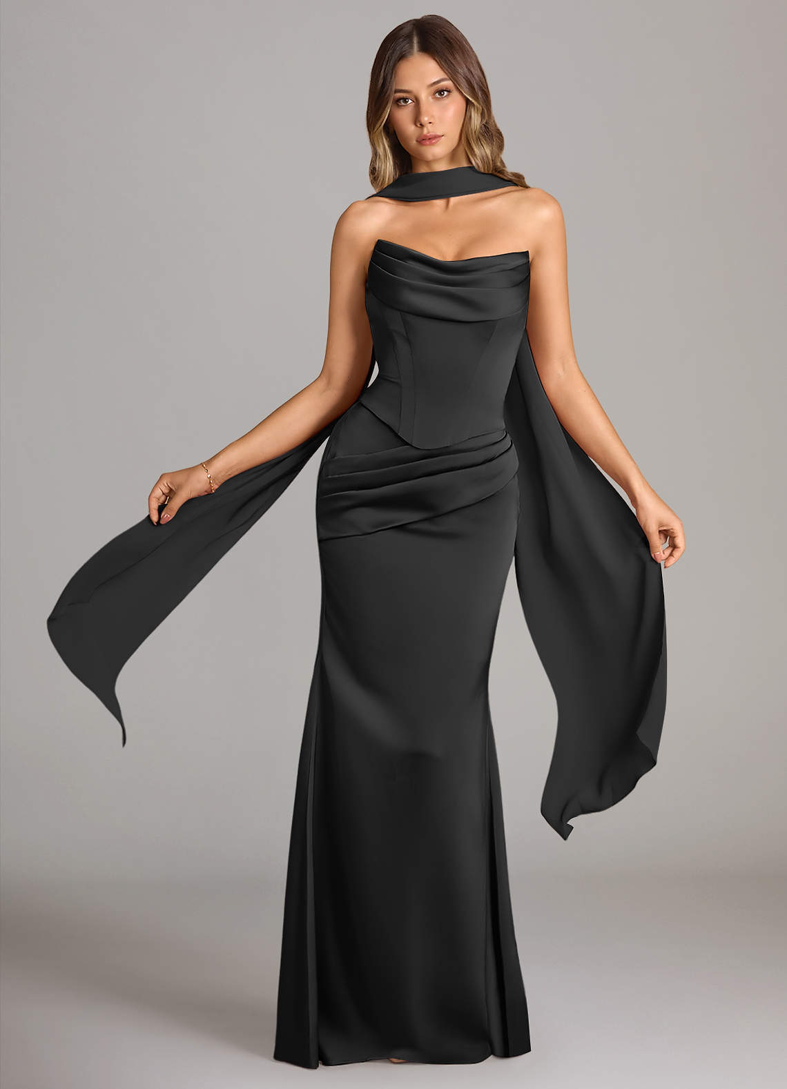 elyessen Sorrel Black Mermaid Strapless Stretch Satin Convertible Dress 7