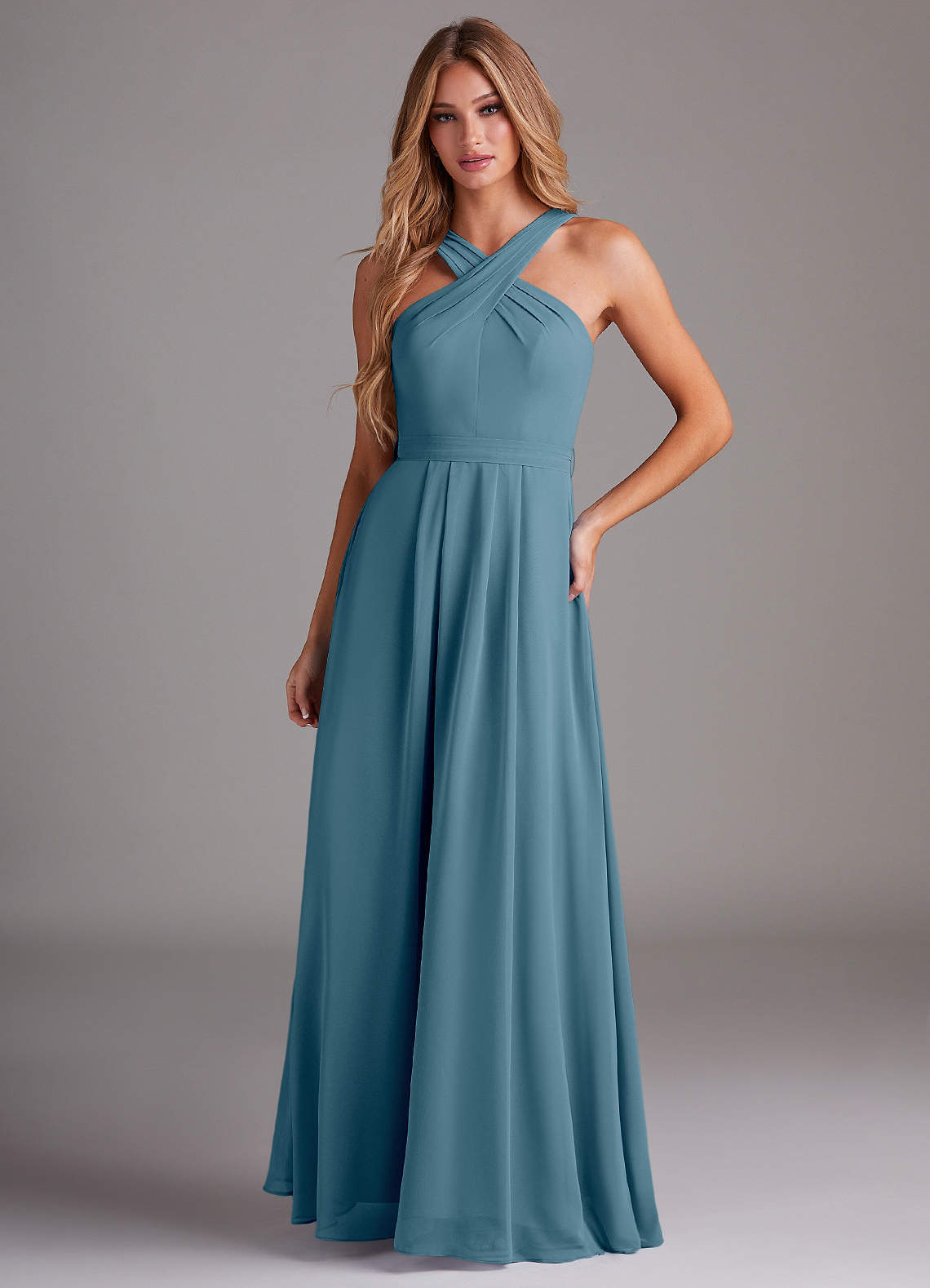 elyessen Dixie Sky Blue A-Line Halter Pleated Chiffon Dress 3