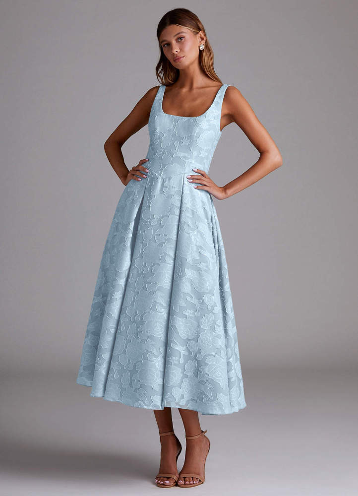elyessen Amalie Dusty Blue A-Line Pleated Floral Burnout Dress 1