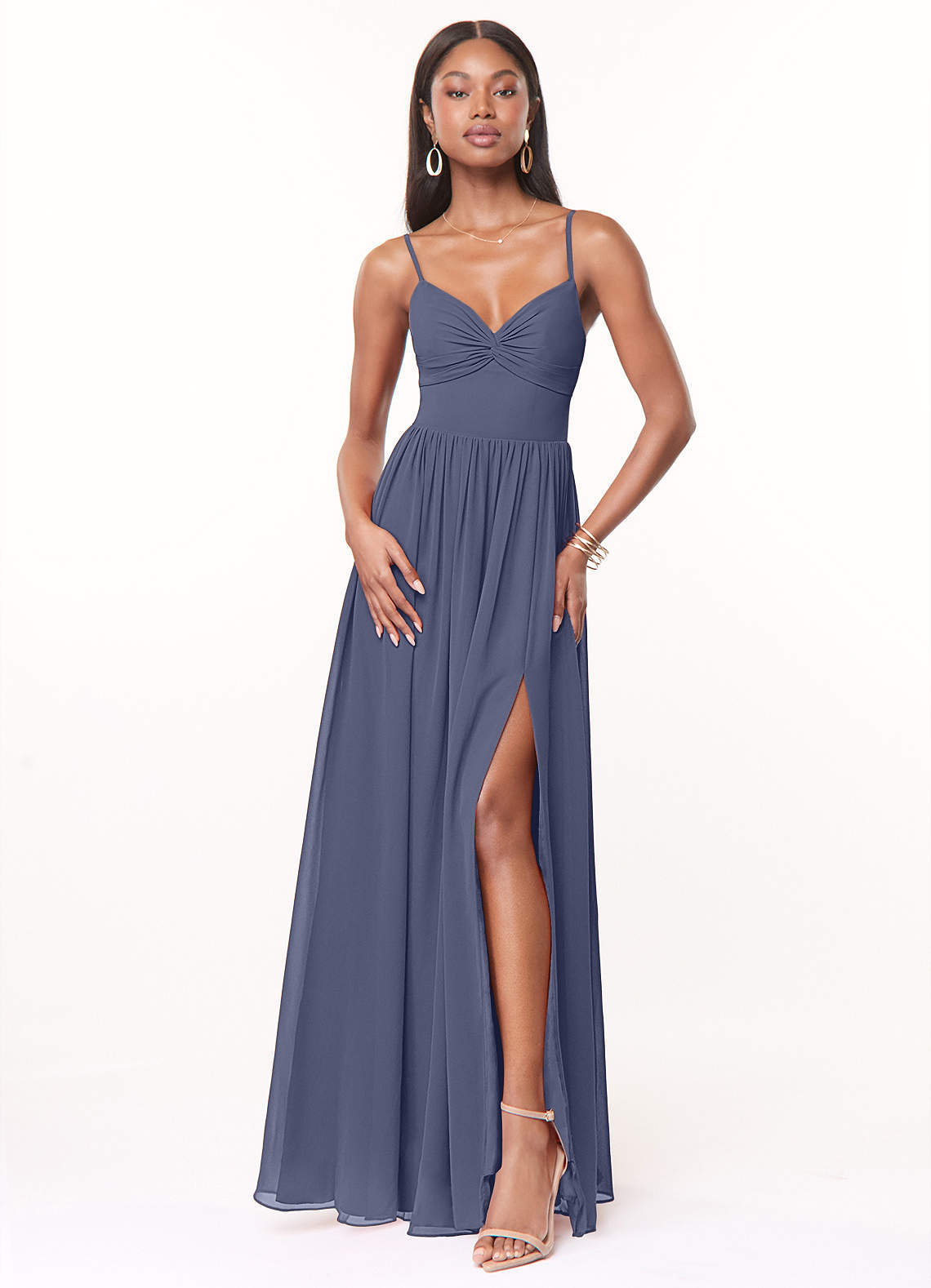 elyessen Zeya Dusty Blue A-Line V-Neck Pleated Chiffon Dress 3