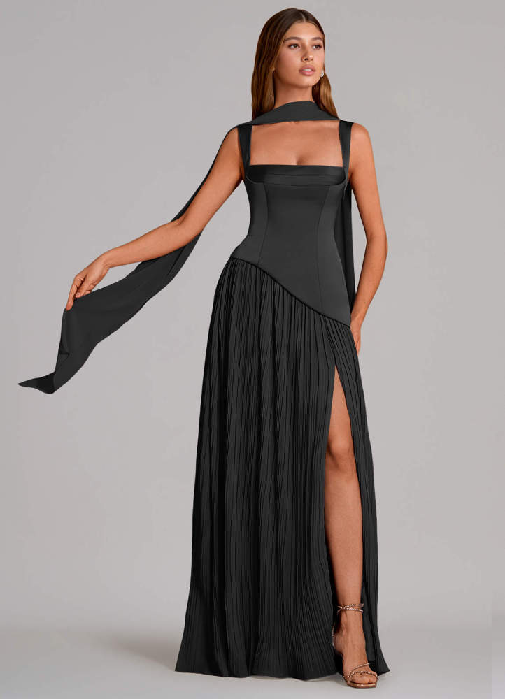 elyessen Stephanie Black A-Line Pleated Stretch Satin Dress 7