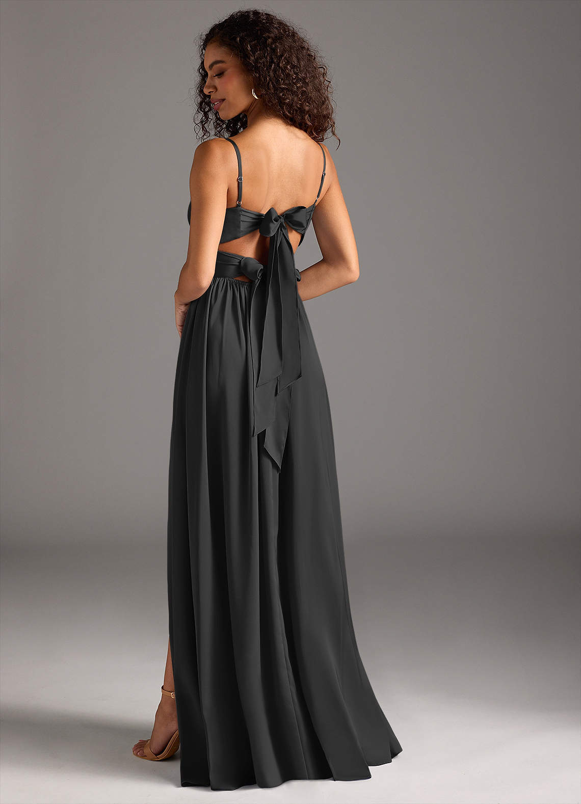 elyessen Zeya Dusty Blue A-Line Pleated Stretch Satin Dress 7