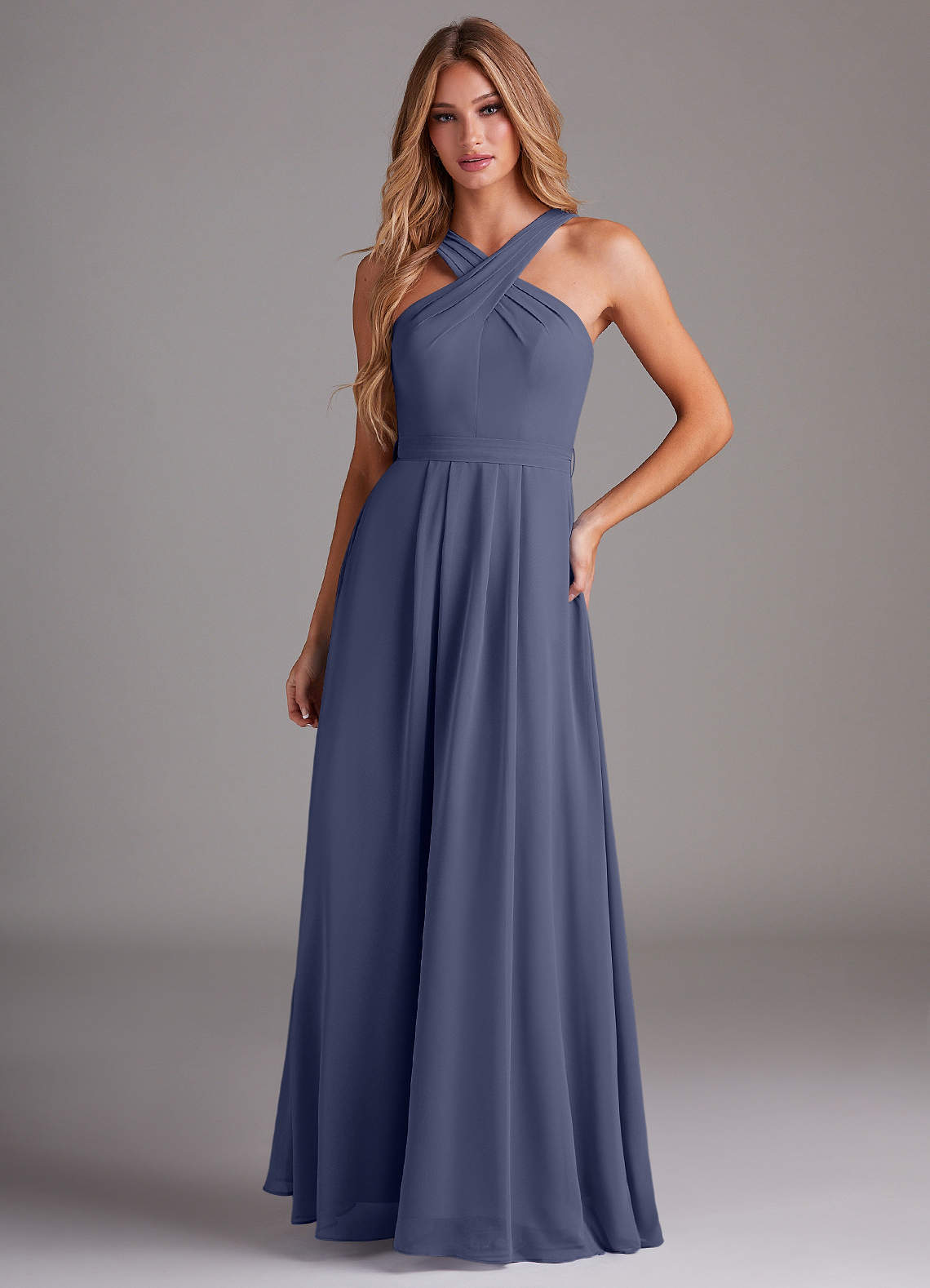 elyessen Dixie Sky Blue A-Line Halter Pleated Chiffon Dress 3