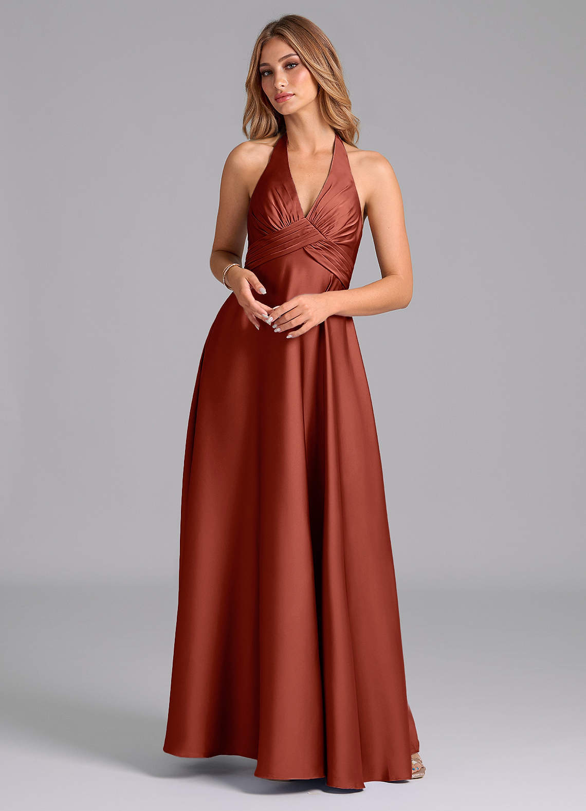 elyessen Tessie Terracotta A-Line Pleated Stretch Satin Dress 5