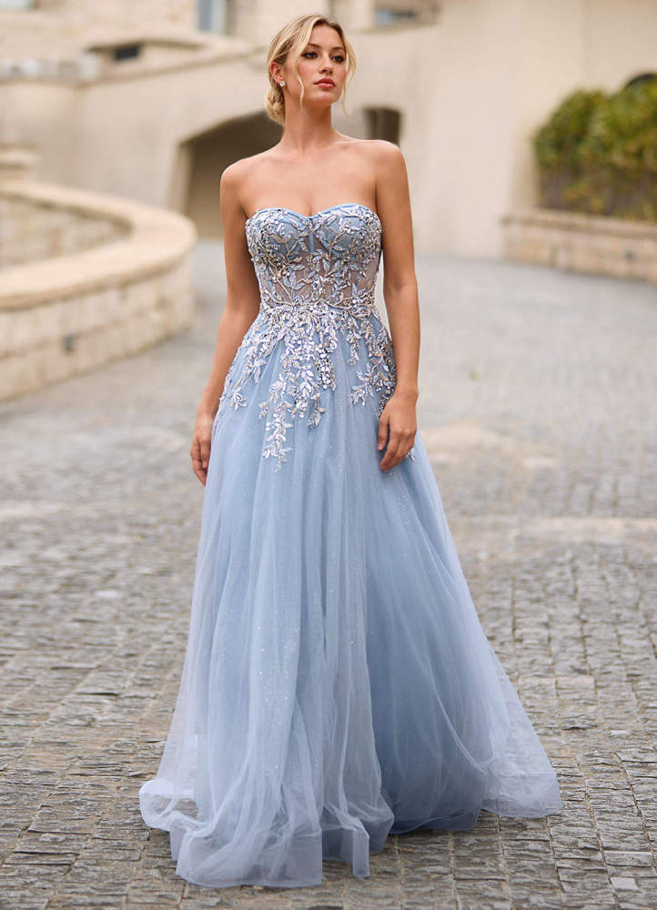 Celeste Light Purple Rhinestone Sheer Lace Prom Dress