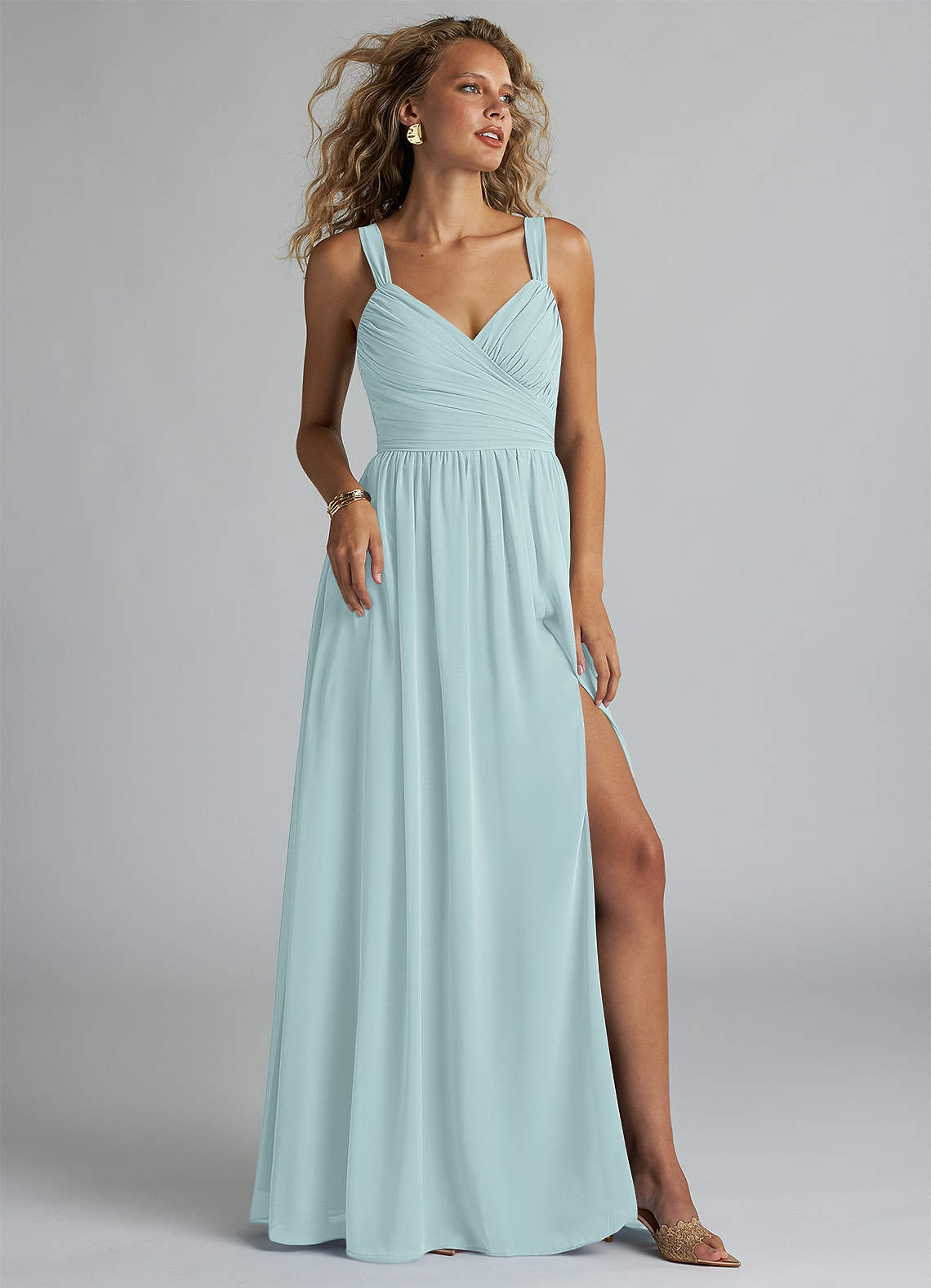 elyessen Aziza Sky Blue A-Line V-Neck Pleated Chiffon Dress 3