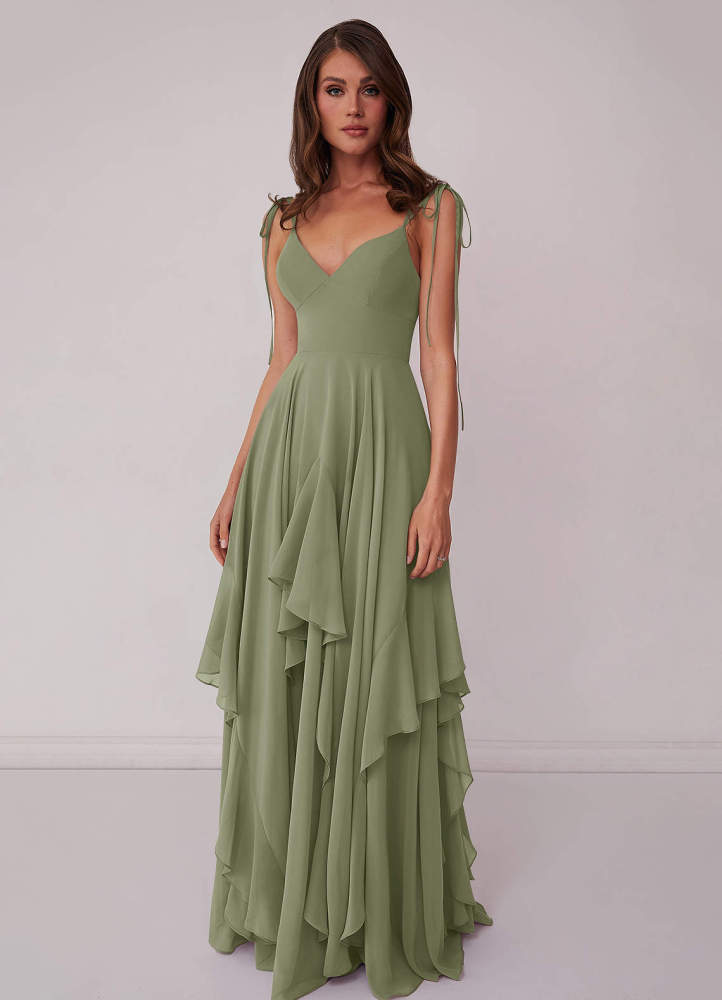 Agave A-Line Bow Chiffon Dress Moss Green 1