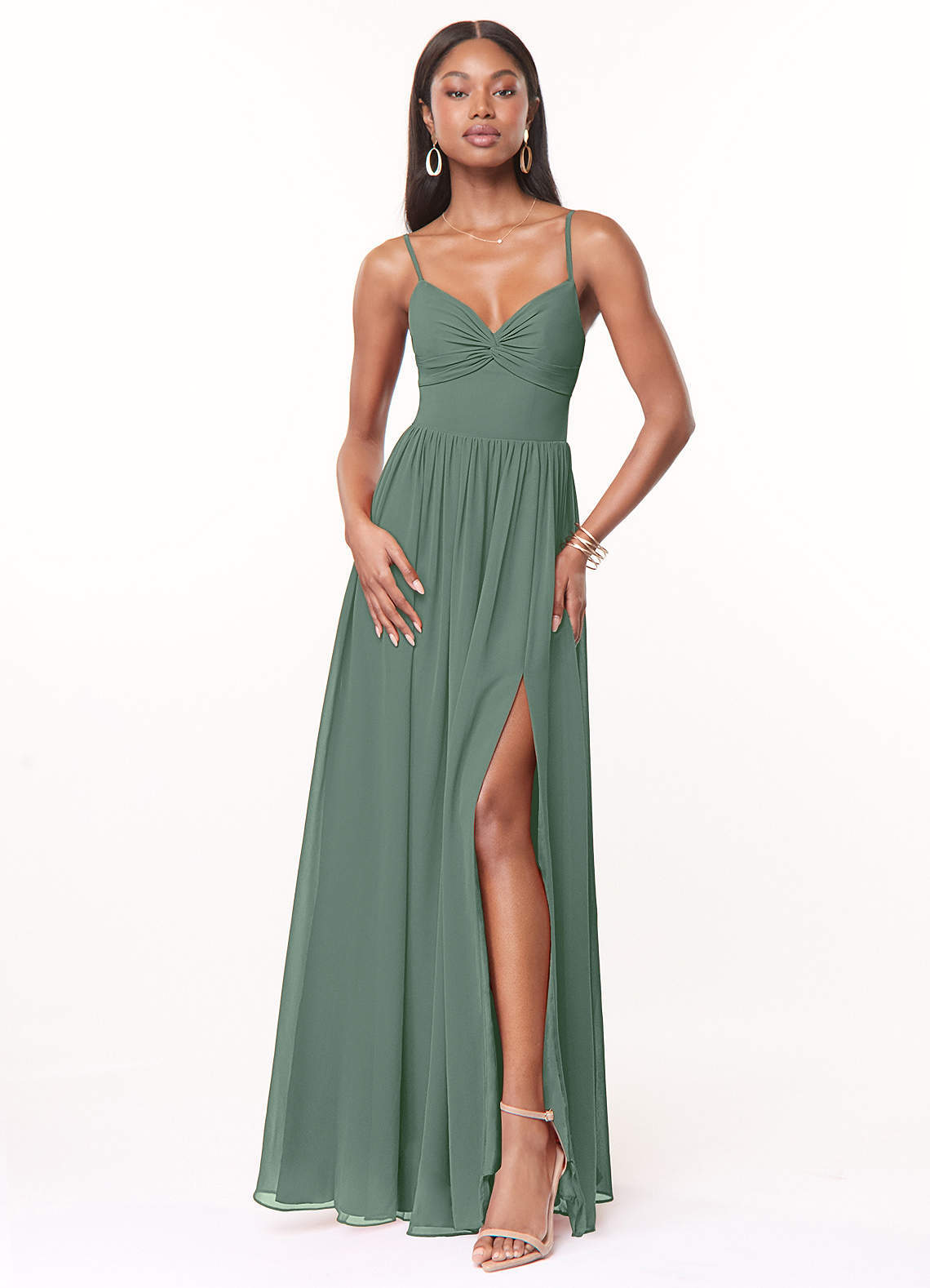 elyessen Zeya Dusty Blue A-Line V-Neck Pleated Chiffon Dress 1