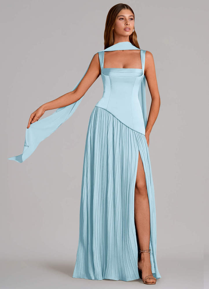 elyessen Stephanie Black A-Line Pleated Stretch Satin Dress 2