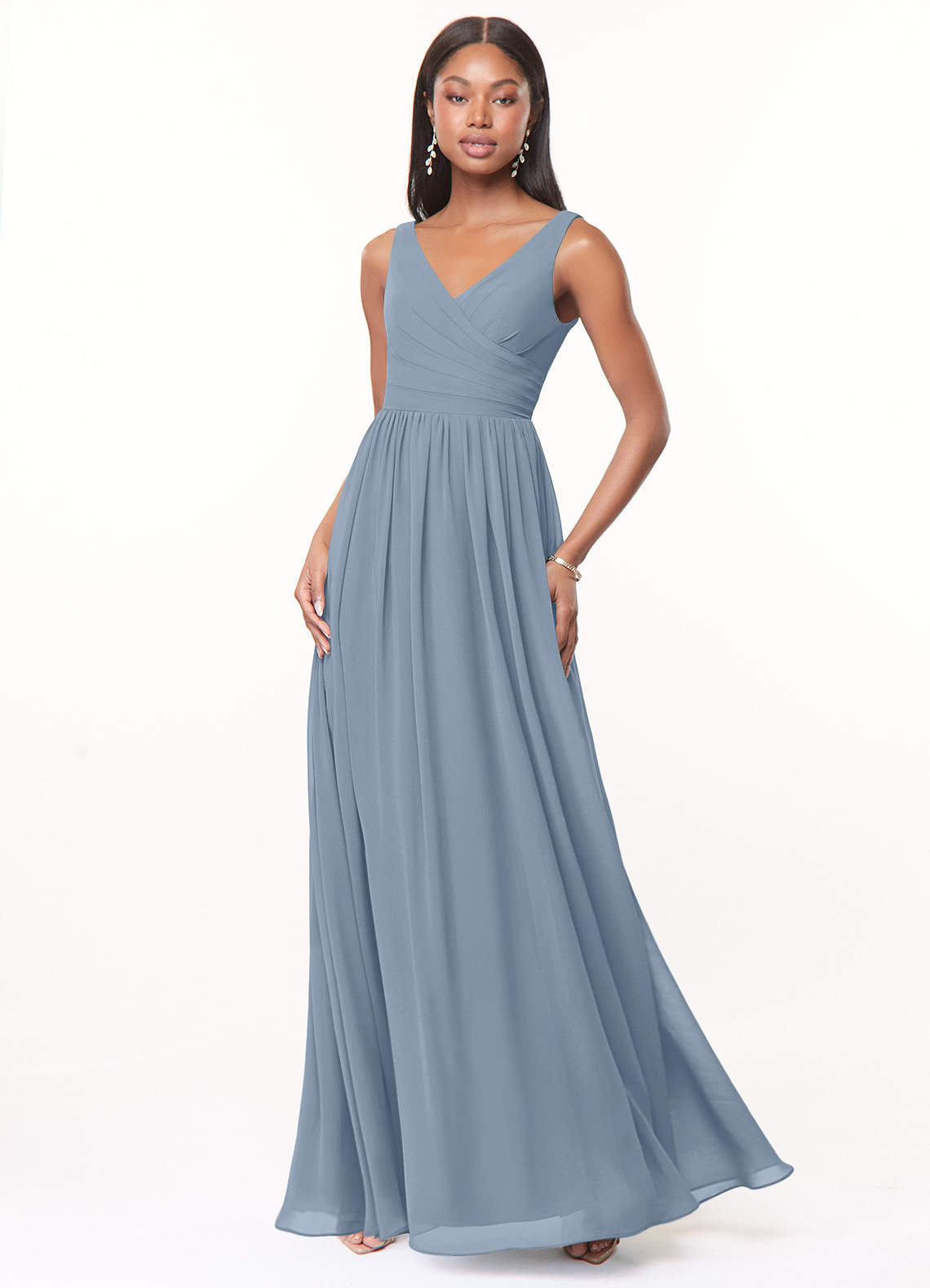 elyessen Keyla Dusty Blue A-Line V-Neck Pleated Chiffon Dress 3