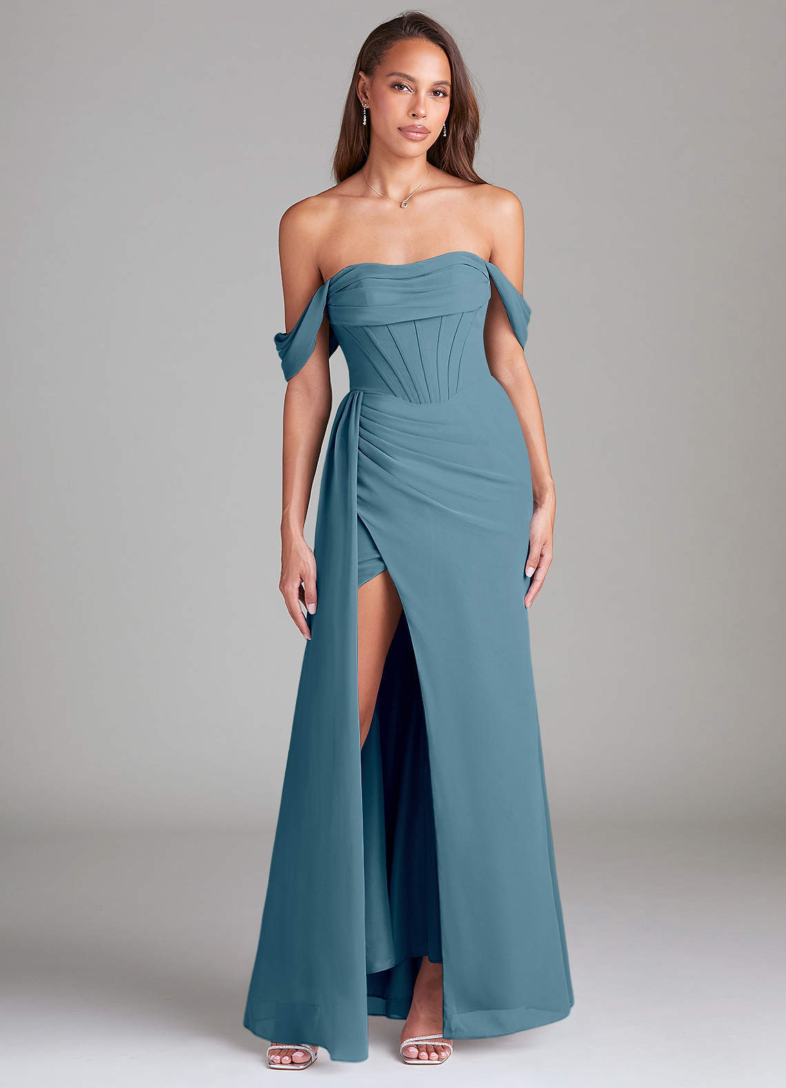 elyessen Amyra Dusty Blue Sheath Off the Shoulder Chiffon Convertible Dress 3