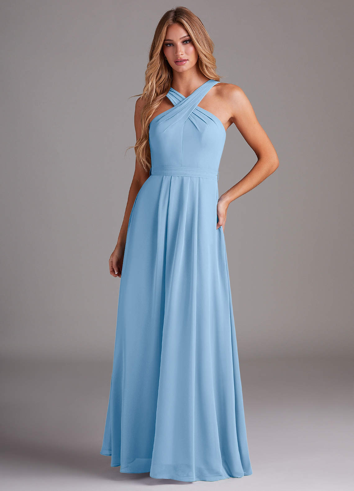 elyessen Dixie Sky Blue A-Line Halter Pleated Chiffon Dress 2