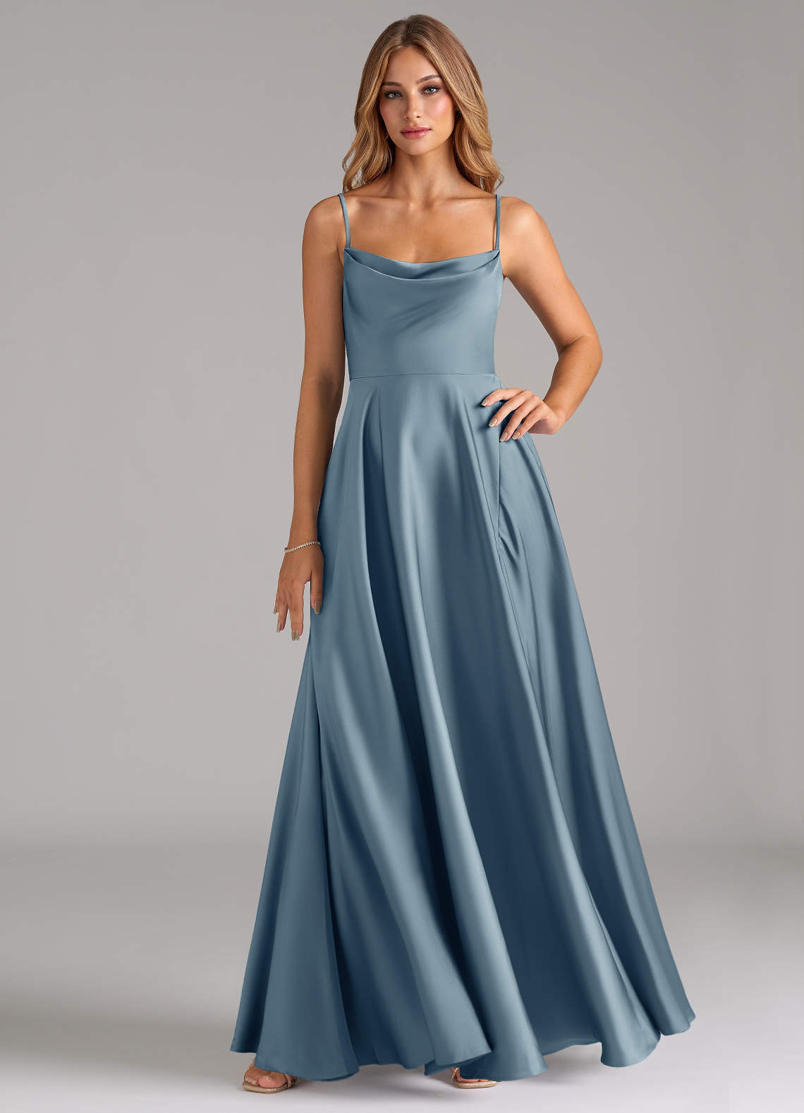 elyessen Elle Sky Blue A-Line Pleated Stretch Satin Dress 3