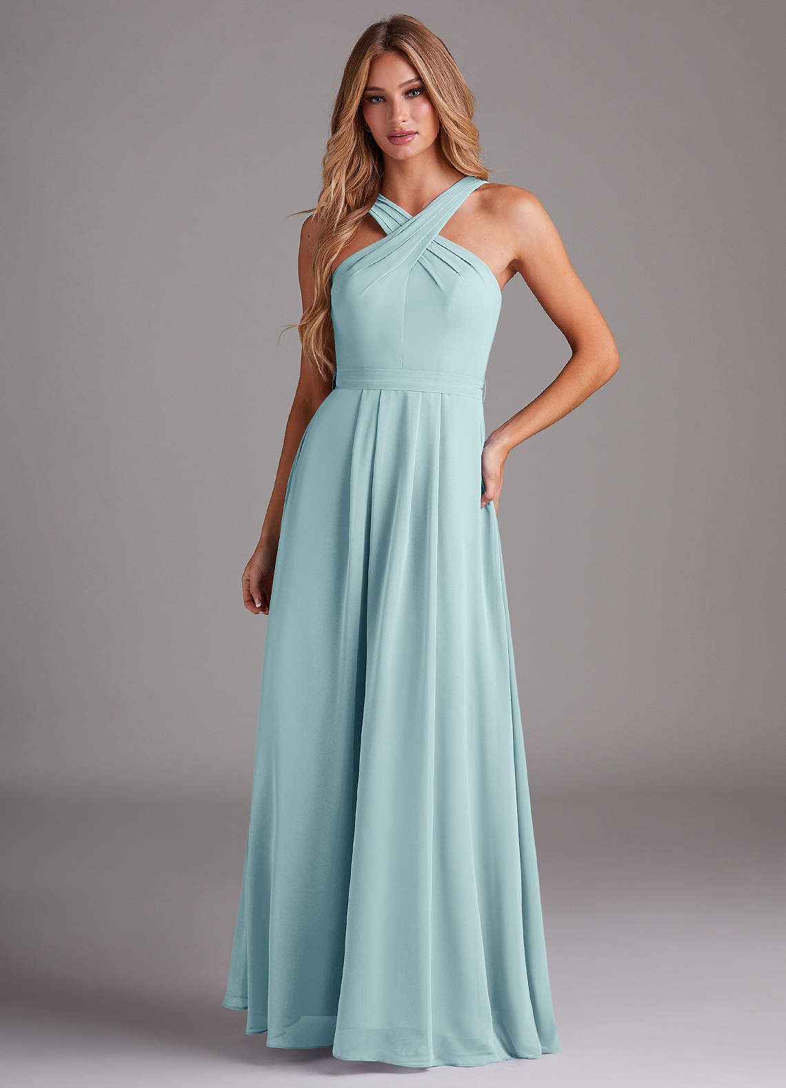 elyessen Dixie Sky Blue A-Line Halter Pleated Chiffon Dress 2