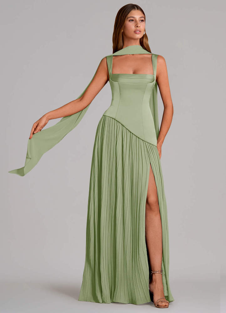 elyessen Stephanie Black A-Line Pleated Stretch Satin Dress 1