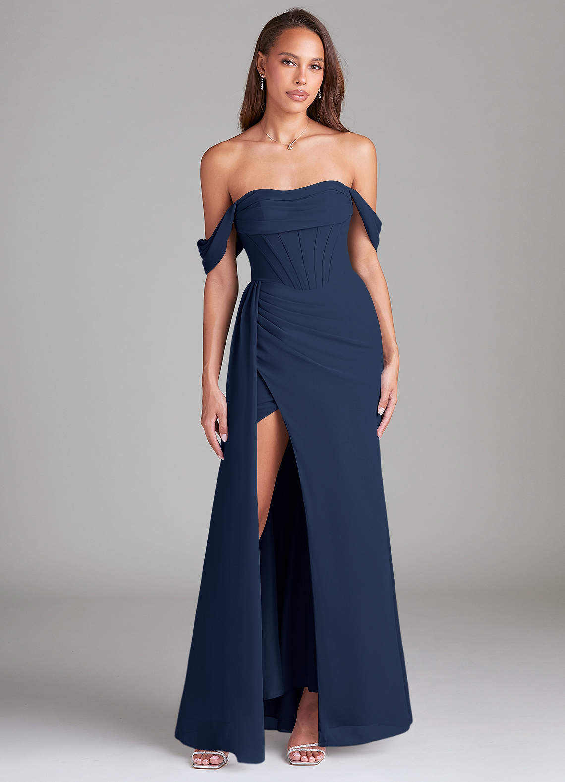 elyessen Amyra Dusty Blue Sheath Off the Shoulder Chiffon Convertible Dress 3