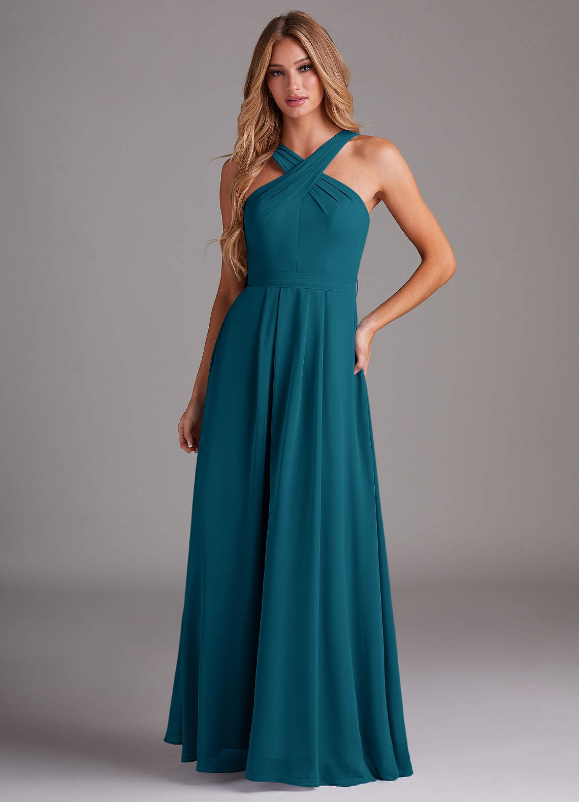 elyessen Dixie Sky Blue A-Line Halter Pleated Chiffon Dress 3